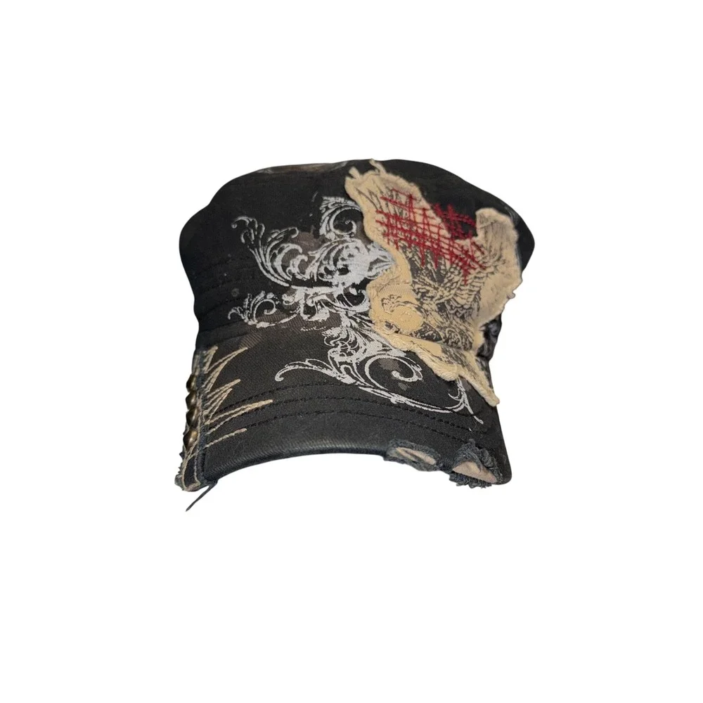 Original Vintage Cadet Cap Black Distressed Eagle Graphic Studded Military Hat